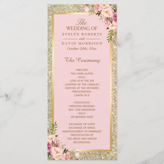 Gold Glitter Blush Pink Floral Wedding Programme Programmakaart (Voorkant)