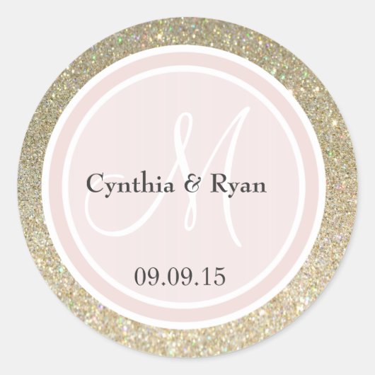 Gold Glitter & Blush Pink Weddenschap Monogram Ronde Sticker (Voorkant)