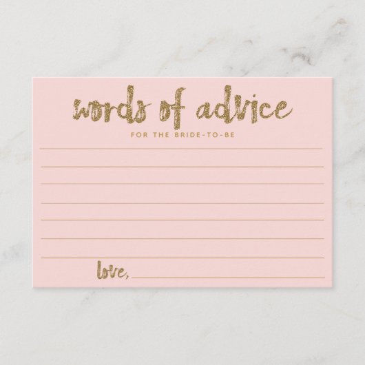 Gold Glitter Blush Pink Words of Advice for Brides Advieskaart (Voorkant)