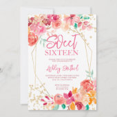 Gold glitter boho floral waterverf foto Sweet 16 Kaart (Voorkant)
