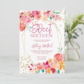 Gold glitter boho floral waterverf foto Sweet 16 Kaart (Staand voorkant)