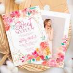 Gold glitter boho floral waterverf foto Sweet 16 Kaart<br><div class="desc">Boho roze,  terracotta,  rode en bruine florale waterverf en goudglitter confetti typografie Sweet 16 verjaardag met handbeschilderde bloemen,  groene waterverf bladtakken met gouden geometrische terrariumlijst,  perfect voor alle seizoenen op verjaardagsfeest,  voeg je foto aan de achterkant toe</div>