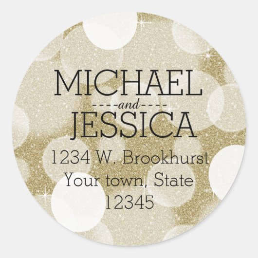 Gold Glitter Bokeh Gepersonaliseerde naam en adres Ronde Sticker (Voorkant)
