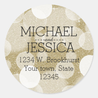 Gold Glitter Bokeh Gepersonaliseerde naam en adres Ronde Sticker