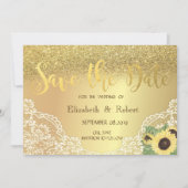Gold Glitter Bokeh, Lace, Sunflower Save the Date (Voorkant)