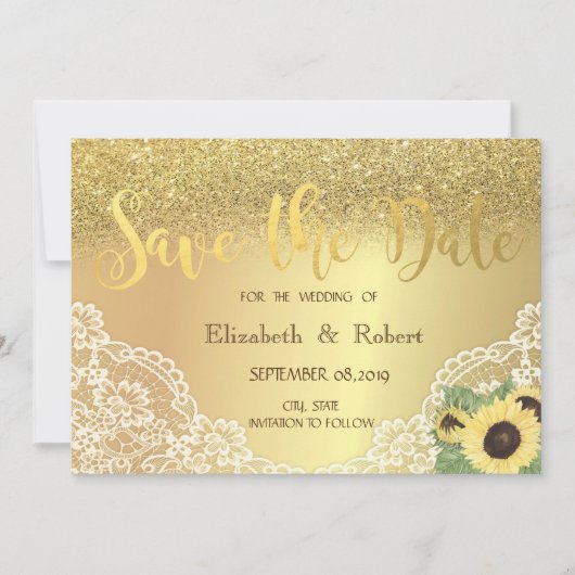Gold Glitter Bokeh, Lace, Sunflower Save the Date (Voorkant)
