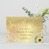Gold Glitter Bokeh, Lace, Sunflower Save the Date (Staand voorkant)