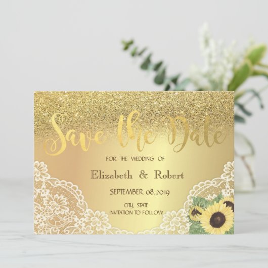 Gold Glitter Bokeh, Lace, Sunflower Save the Date (Staand voorkant)