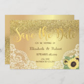 Gold Glitter Bokeh, Lace, Sunflower Save the Date (Voorkant / Achterkant)