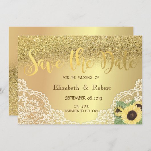 Gold Glitter Bokeh, Lace, Sunflower Save the Date (Voorkant / Achterkant)