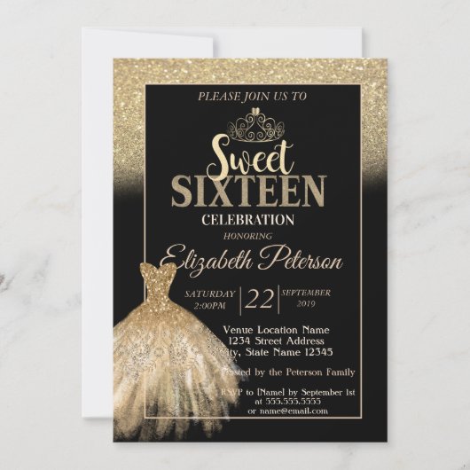 Gold Glitter Bokeh Ombre, Tiara, Dress Sweet 16 Kaart (Voorkant)