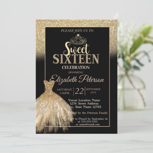 Gold Glitter Bokeh Ombre, Tiara, Dress Sweet 16 Kaart (Staand voorkant)