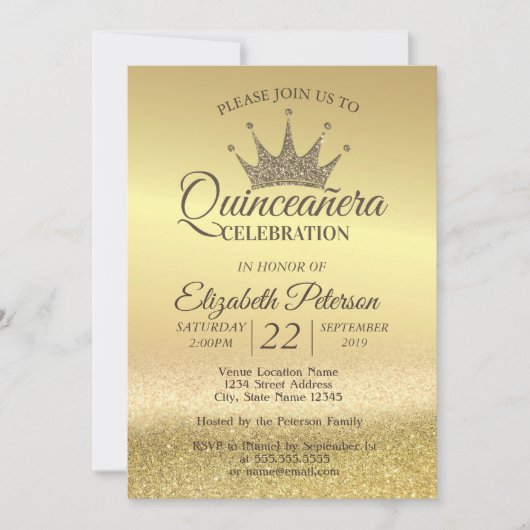 Gold Glitter Bokeh Ombre, Tiara, Quinceañera Party Kaart (Voorkant)