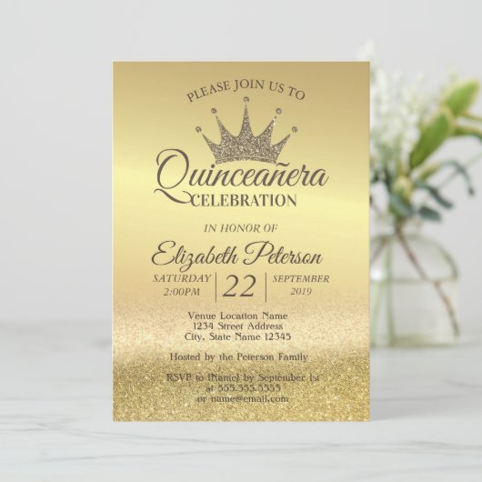 Gold Glitter Bokeh Ombre, Tiara, Quinceañera Party Kaart (Staand voorkant)