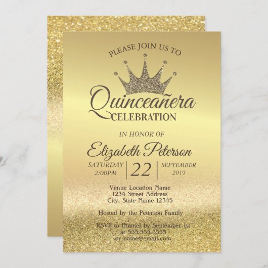 Gold Glitter Bokeh Ombre, Tiara, Quinceañera Party Kaart (Voorkant / Achterkant)