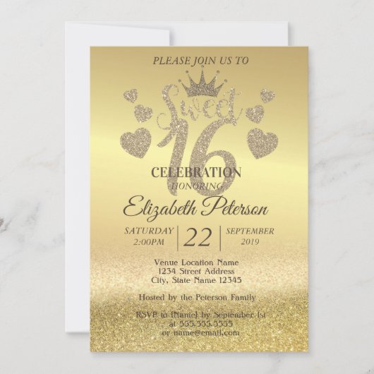 Gold Glitter Bokeh Ombre, Tiara, Sweet 16 Party Kaart (Voorkant)