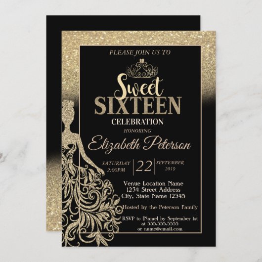 Gold Glitter Bokeh Ombre, Tiara, Sweet 16 Party Kaart (Voorkant / Achterkant)