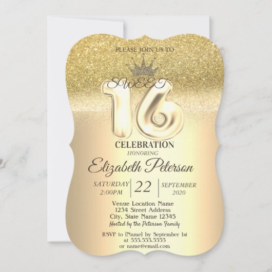 Gold Glitter Bokeh, Tiara, Sweet 16 Party Kaart (Voorkant)