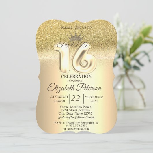 Gold Glitter Bokeh, Tiara, Sweet 16 Party Kaart (Staand voorkant)