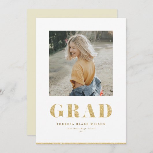 Gold Glitter Bold AFSTUDEERDER Typografie Afstuder Aankondiging (Voorkant / Achterkant)