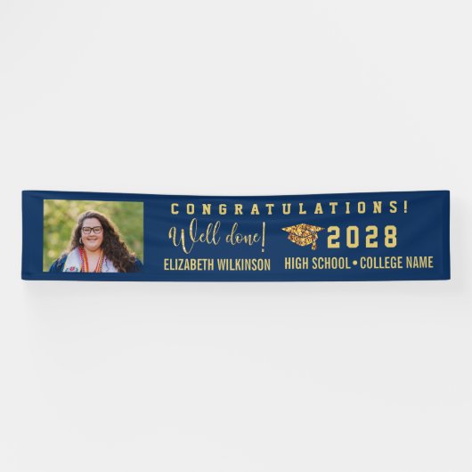 Gold Glitter Bold Script Custom Photo Afstuderen Spandoek (Horizontaal)