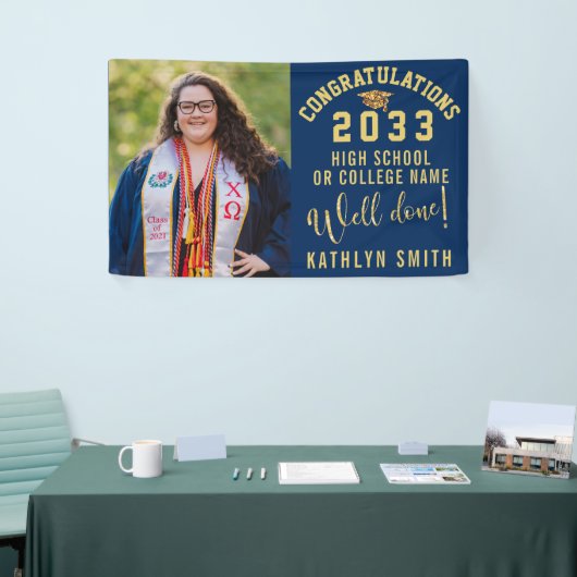 Gold Glitter Bold Script Custom Photo Afstuderen Spandoek (Beurs)