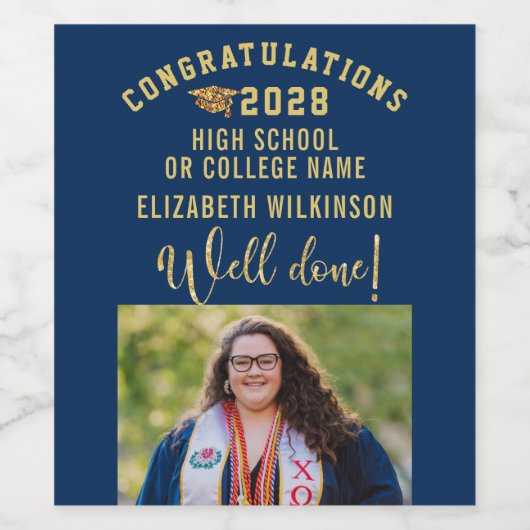 Gold Glitter Bold Script Custom Photo Afstuderen Wijn Etiket (Enkel label)