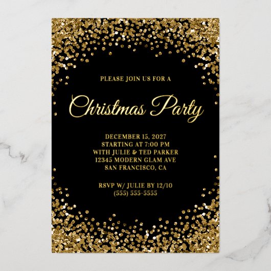 Gold Glitter Border Black Christmas Party Folie Uitnodiging (Voorkant)