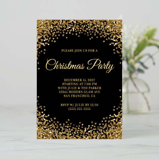 Gold Glitter Border Black Christmas Party Folie Uitnodiging (Staand Voorkant)