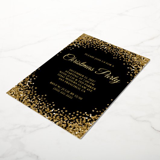 Gold Glitter Border Black Christmas Party Folie Uitnodiging (Gedraaid)
