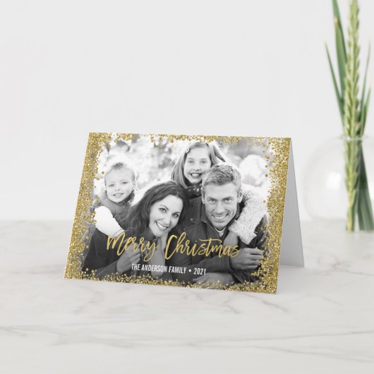Gold Glitter Border Kerstfoto horizontaal Feestdagen Kaart (Voorkant)