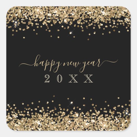 Gold Glitter Borders Happy New Year Script Black Vierkante Sticker (Voorkant)