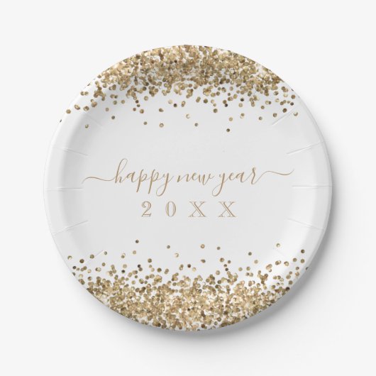 Gold Glitter Borders Script Happy Nieuwjaar Papieren Bordje (Voorkant)
