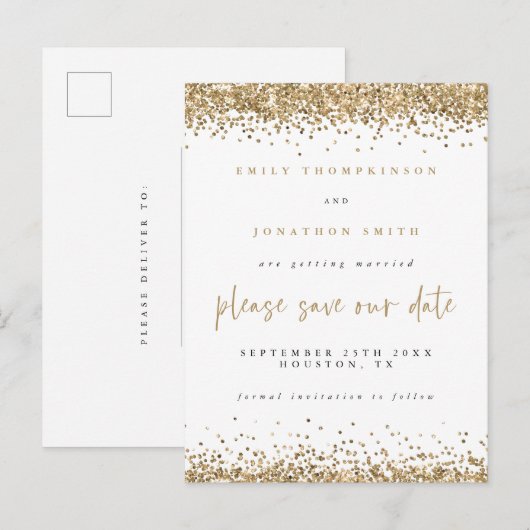 Gold Glitter Borders Script Wedding Save The Date Aankondigingskaart (Voorkant / Achterkant)