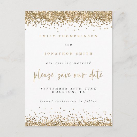 Gold Glitter Borders Script Wedding Save The Date Aankondigingskaart (Voorkant)