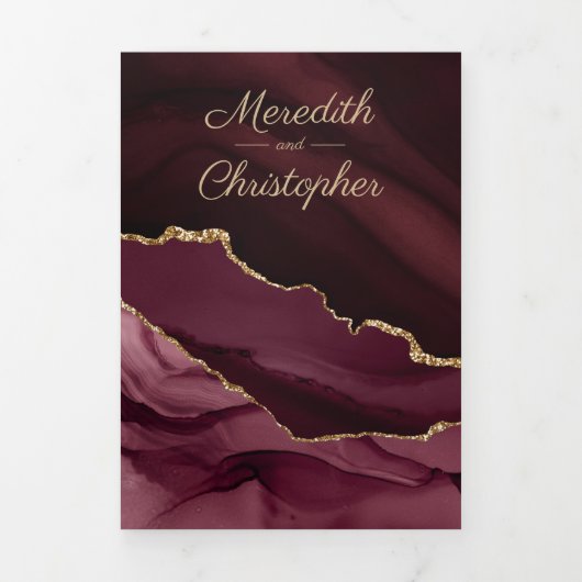 Gold Glitter Bourgondische Agaat Wedding Drieluik Uitnodiging (Cover)