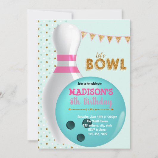 Gold glitter bowlingparty-uitnodiging kaart (Voorkant)