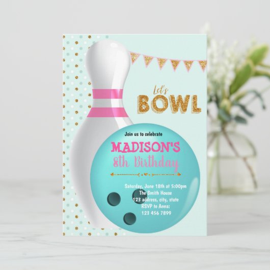 Gold glitter bowlingparty-uitnodiging kaart (Staand voorkant)