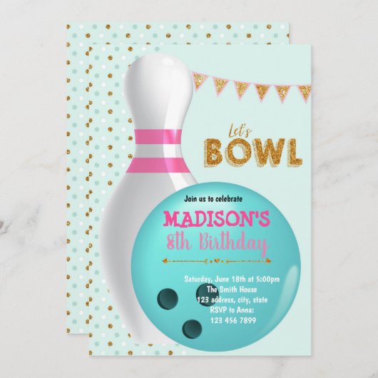 Gold glitter bowlingparty-uitnodiging kaart (Voorkant / Achterkant)