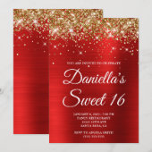 Gold Glitter Bright Red Foil Sweet 16 Kaart (Voorkant / Achterkant)