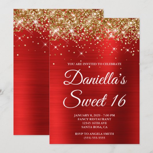 Gold Glitter Bright Red Foil Sweet 16 Kaart (Voorkant / Achterkant)