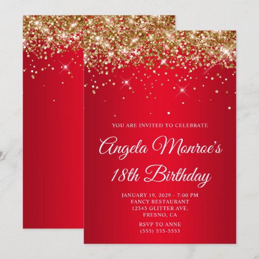 Gold Glitter Bright Red Gradient 18th Birthday Kaart (Voorkant / Achterkant)