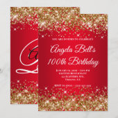 Gold Glitter Bright Red Ombre 100th Birthday Kaart (Voorkant / Achterkant)