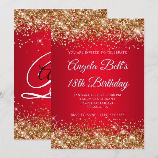 Gold Glitter Bright Red Ombre 18th Birthday Kaart (Voorkant / Achterkant)
