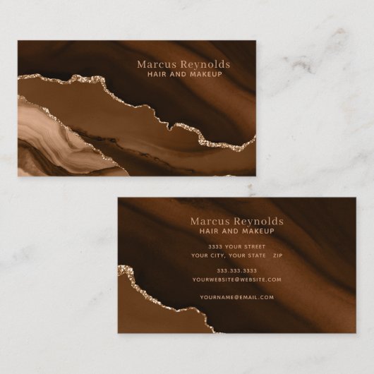 Gold Glitter Brown Marble Agate Visitekaartje (Voorkant / Achterkant)
