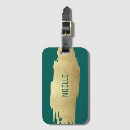 Gold Glitter Brush Stroke w/Jouw naam, groen Bagagelabel (Voorkant (verticaal))