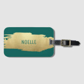 Gold Glitter Brush Stroke w/Jouw naam, groen Bagagelabel (Voorkant (horizontaal))