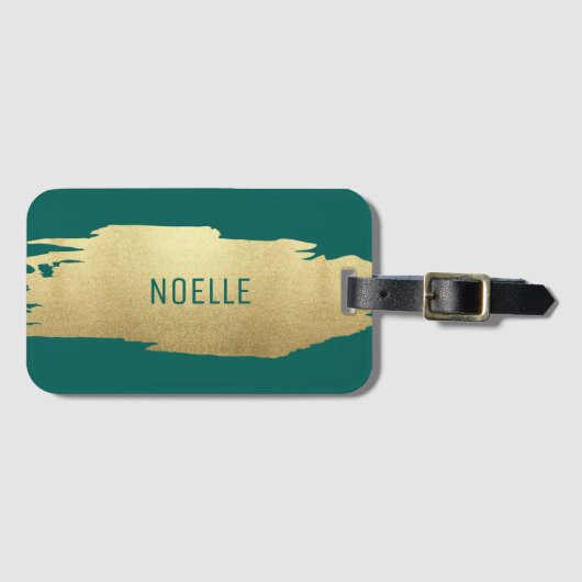 Gold Glitter Brush Stroke w/Jouw naam, groen Bagagelabel (Voorkant (horizontaal))