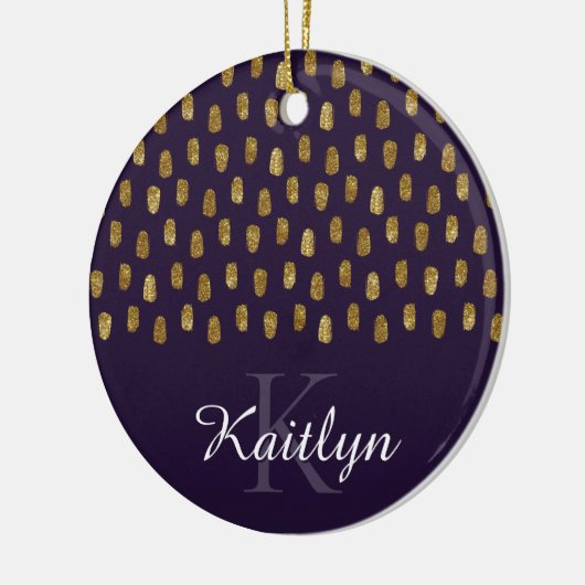 Gold Glitter Brush Strokes op Paars Keramisch Ornament (Links)