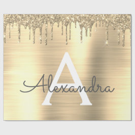 Gold Glitter Brushed Metal Monogram Name Cadeaupapier